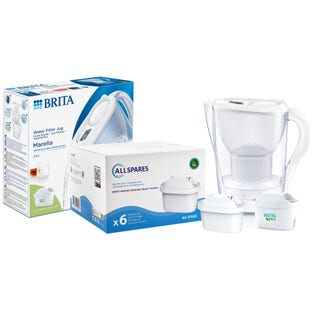 BRITA Wasserfilter Kanne Marella + AllSpares Filterkartusche 6-Pack (filtert PFAS)