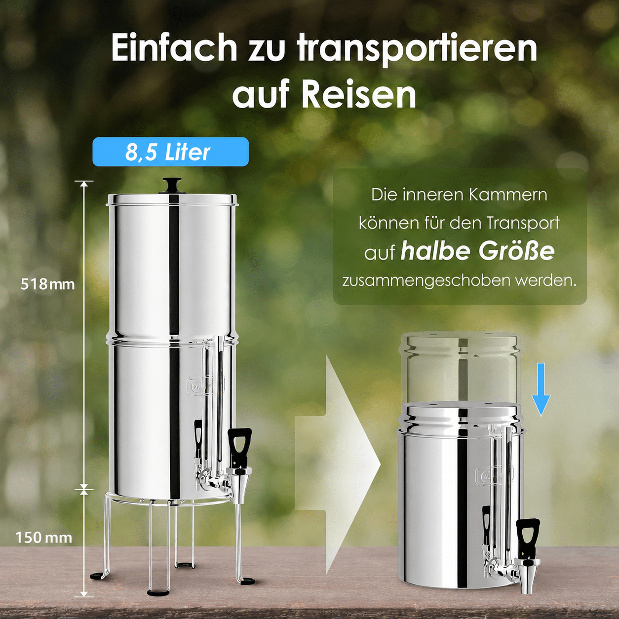 Schwerkraft-Wasserfilter Set aus Edelstahl (8,5L) – inkl. 2 Aktivkohle- & 2 Fluoridfilter