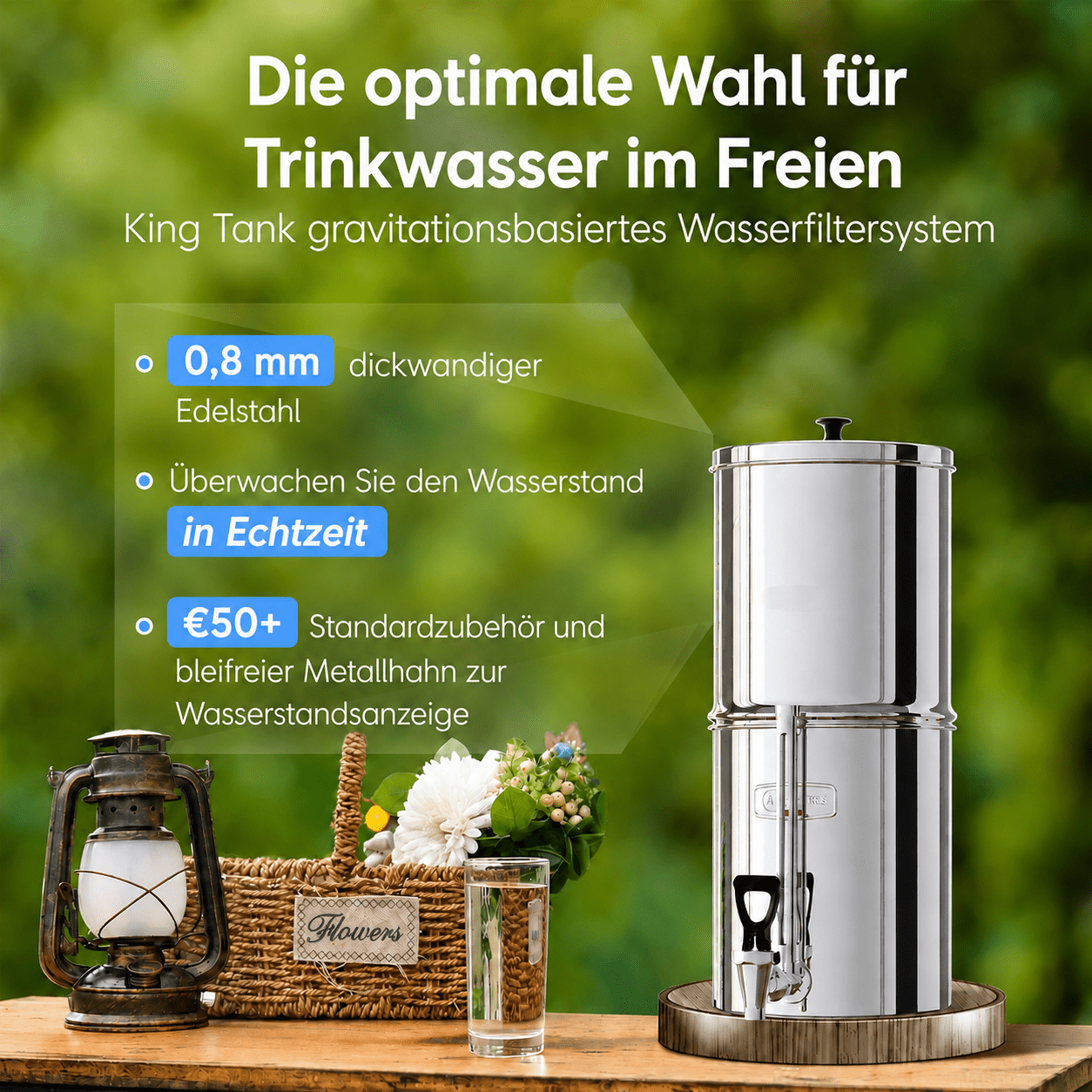 Schwerkraft-Wasserfilter Set aus Edelstahl (8,5L) – inkl. 2 Aktivkohle- & 2 Fluoridfilter