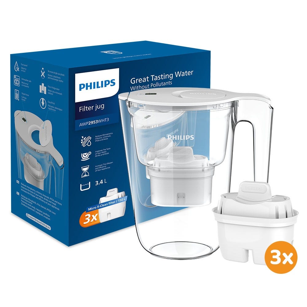 Philips Wasserfilter Kanne 3.4L + 3 Micro X-Clean Wasserfilter (filtert PFAS) AWP2953WHT3