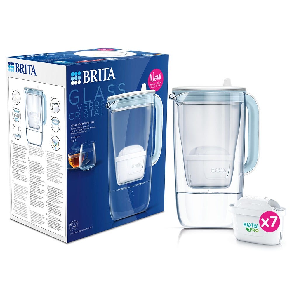BRITA Glas-Wasserfilterkanne + 7 MAXTRA PRO Wasserfilter (filtert PFAS)
